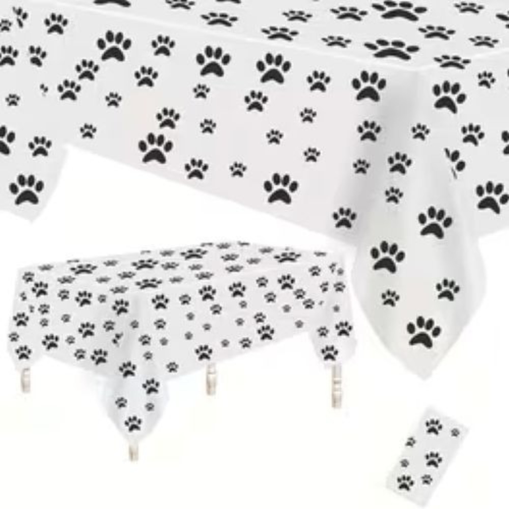 Ctosree 78.7in x 100ft Black White Puppy Paw Print Tablecloth Roll Plastic